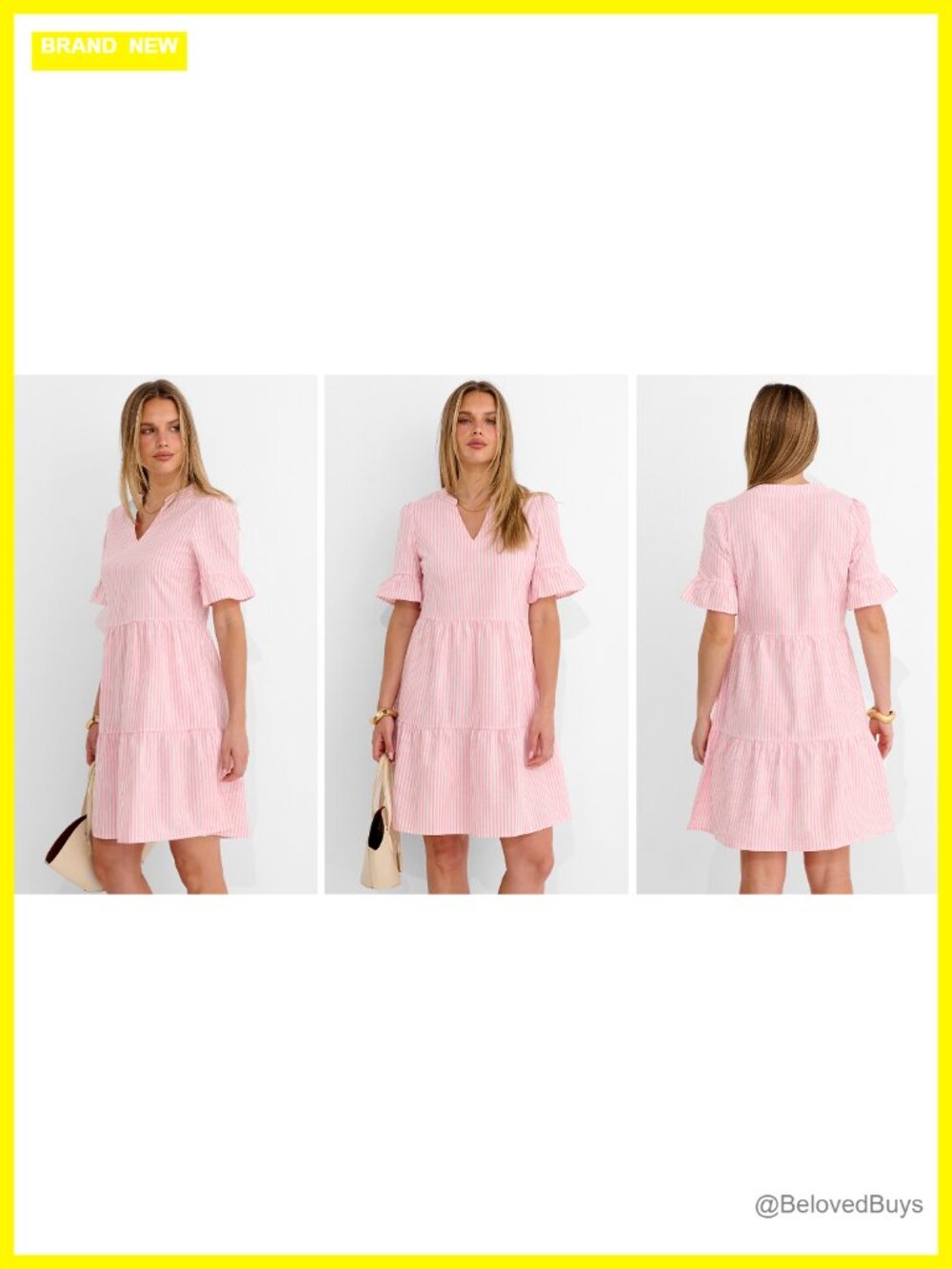 Striped V Neck Ruffle Sleeve A Line Tiered Flowy Mini Dress with Pockets - Picture 7 of 7